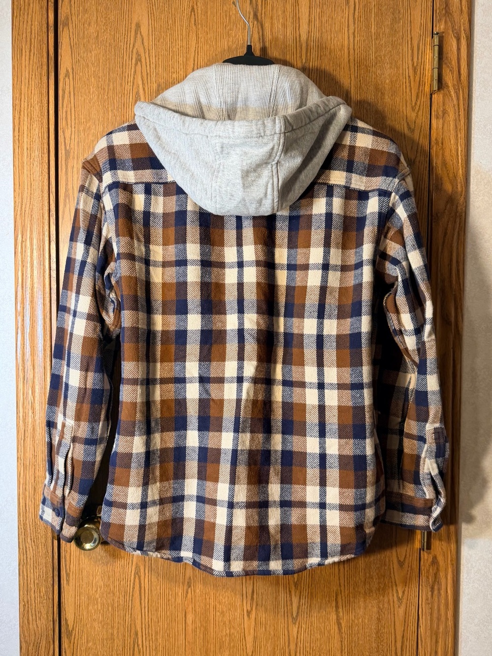 American Eagle Outfitters Brown, Blue & White Plaid Hooded Button-Down Flannel - Picture 6 of 6